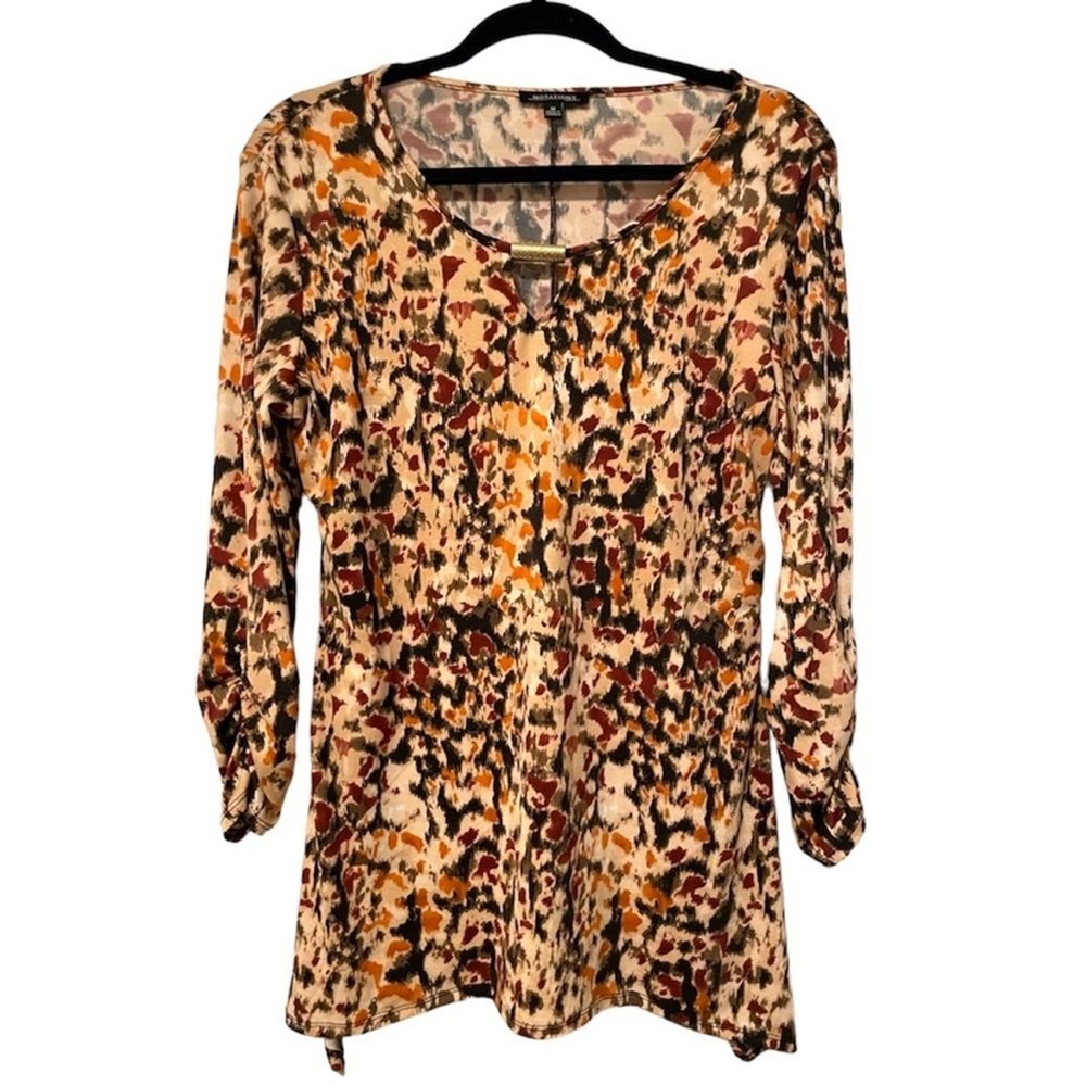Notations Womens Medium V-Neck Tunic Top Abstract Animal Print Ruched 3/4 Sleeve